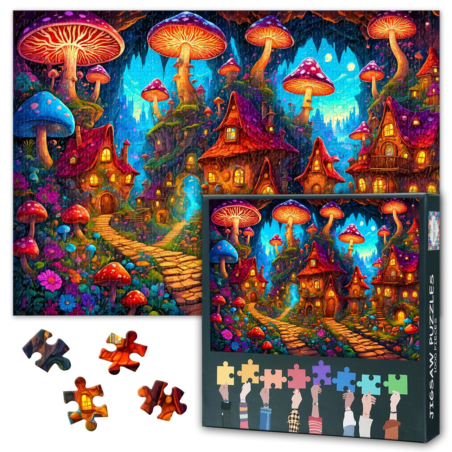 Rebotipy Jigsaw Puzzle for Adults – Fantasy Mushroom Forest Cabin, 28x20 Inch, 1000-Piece Family Night Puzzle