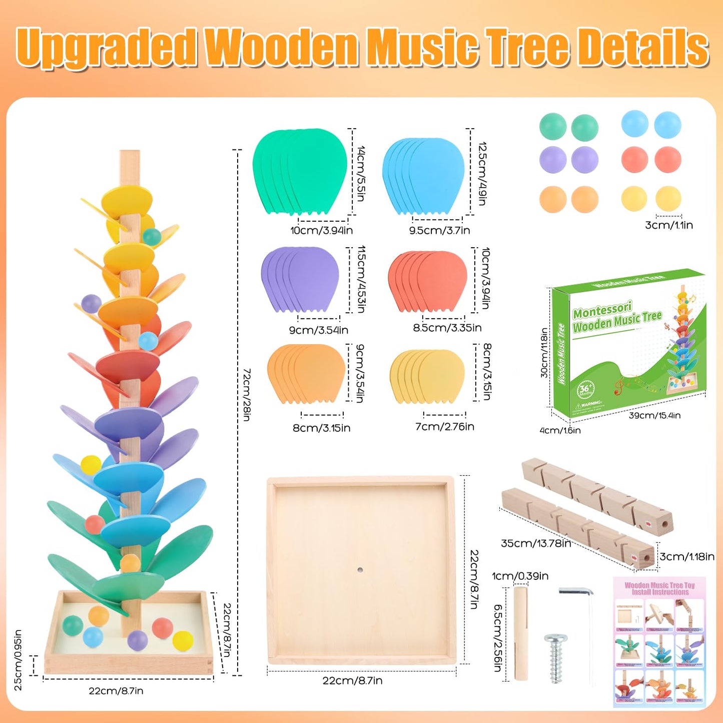 RECEKA Marble Run Wood Ball Drop Toy – Montessori Musical Tree for Kids 3–12
