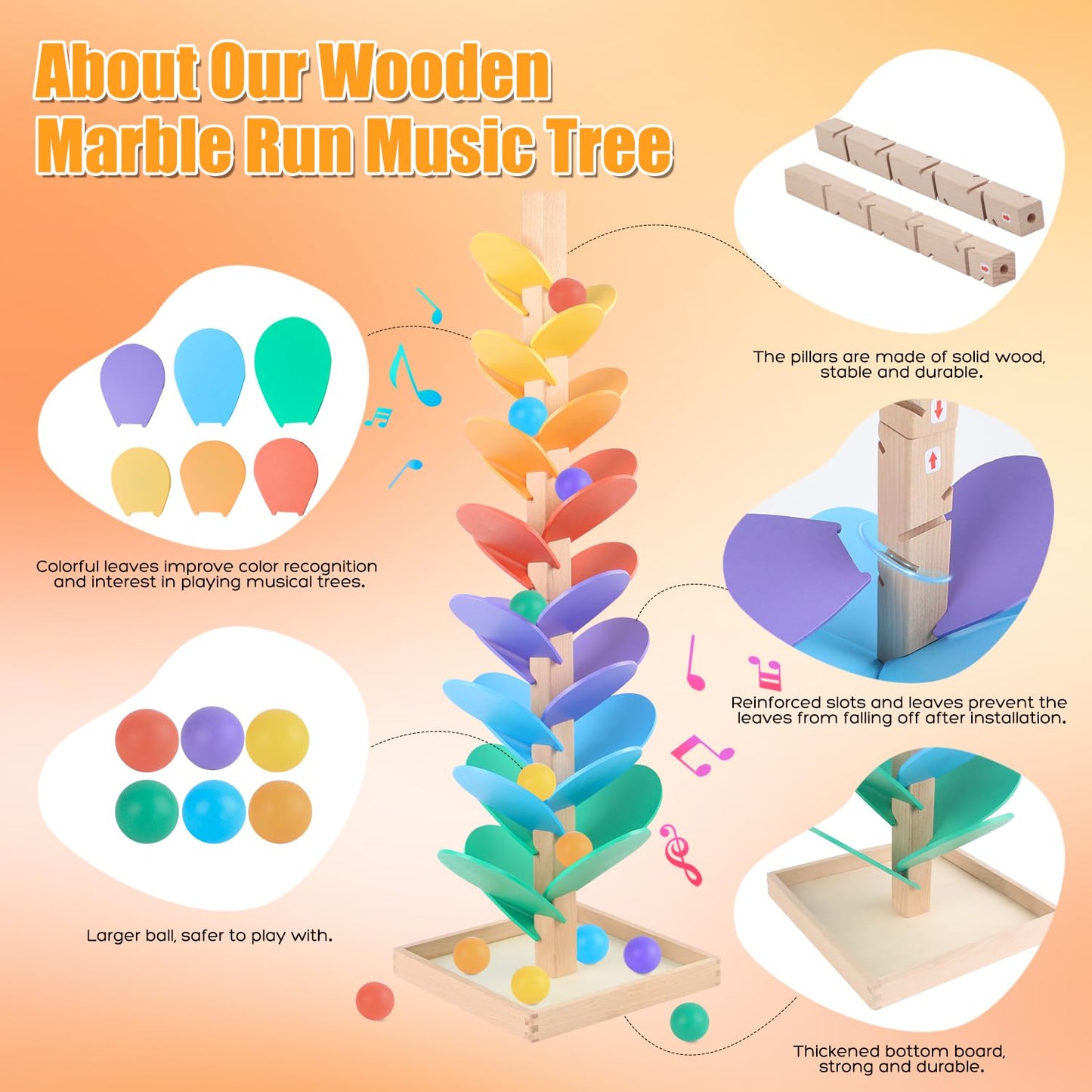 RECEKA Marble Run Wood Ball Drop Toy – Montessori Musical Tree for Kids 3–12