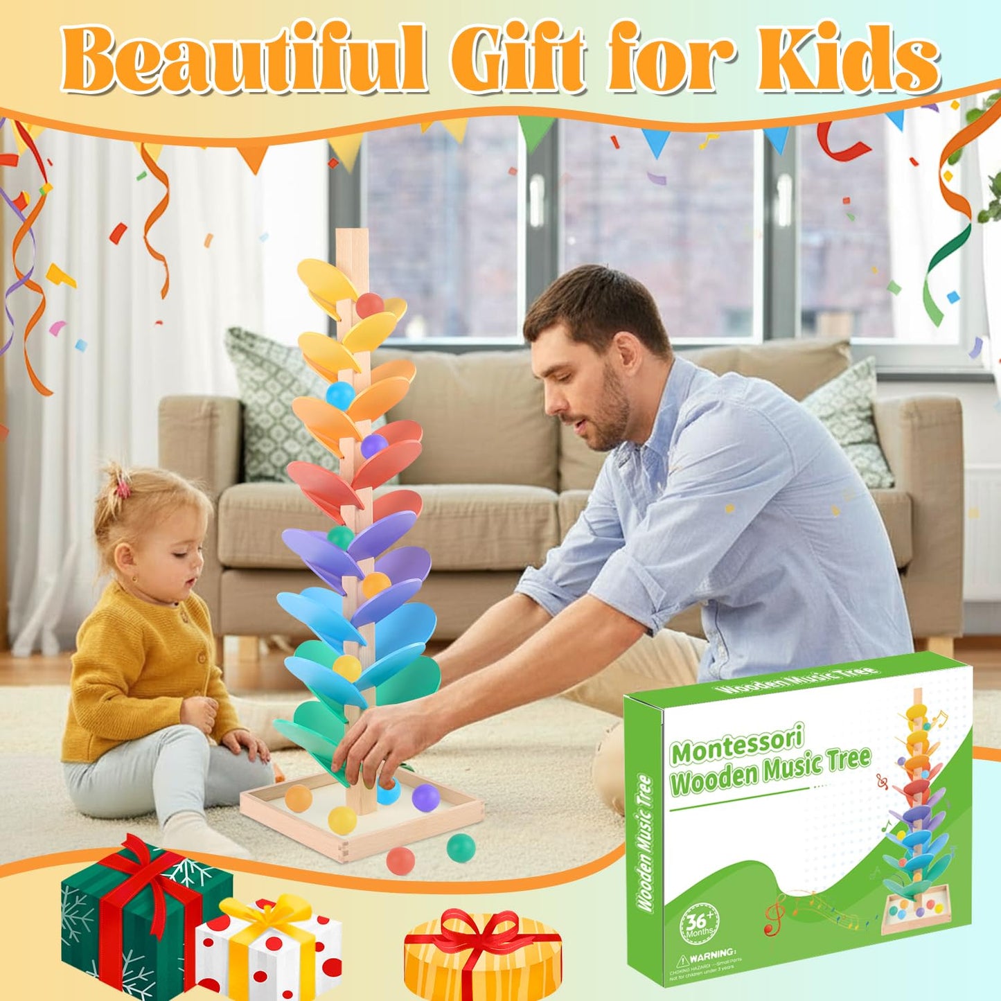 RECEKA Marble Run Wood Ball Drop Toy – Montessori Musical Tree for Kids 3–12
