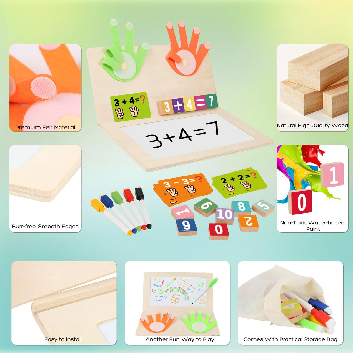 RECEKA Number Blocks: Wooden Montessori Math Toys for Ages 3-7