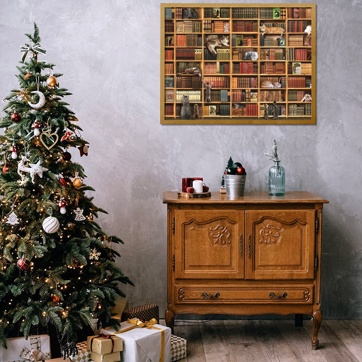 RECHIATO Cats Library Jigsaw Puzzle – 1000+ Piece Kitten Bookshelf Puzzle for Family Fun