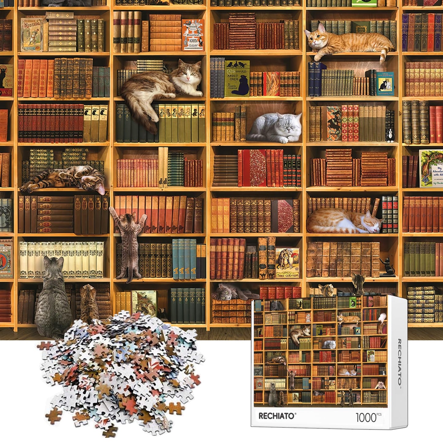 RECHIATO Cats Library Jigsaw Puzzle – 1000+ Piece Kitten Bookshelf Puzzle for Family Fun