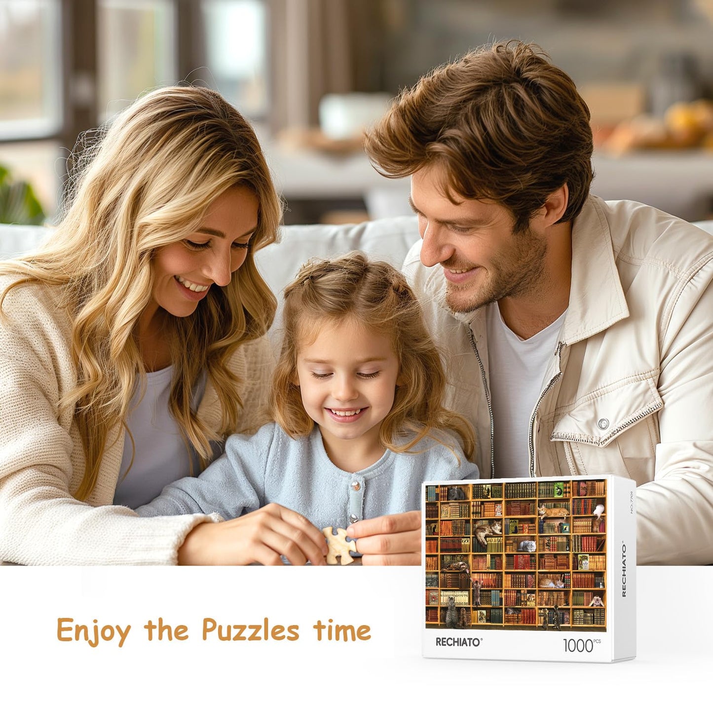 RECHIATO Cats Library Jigsaw Puzzle – 1000+ Piece Kitten Bookshelf Puzzle for Family Fun