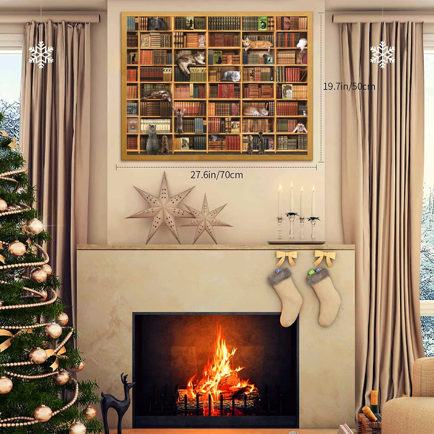 RECHIATO Cats Library Jigsaw Puzzle – 1000+ Piece Kitten Bookshelf Puzzle for Family Fun