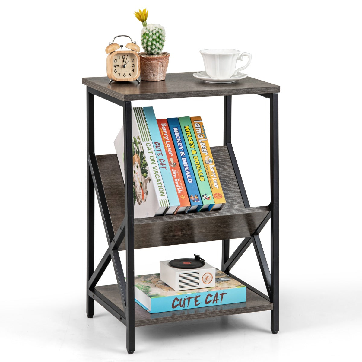 3-Tier Record Player Stand with V-Shaped Magazine Holder-Rustic Brown