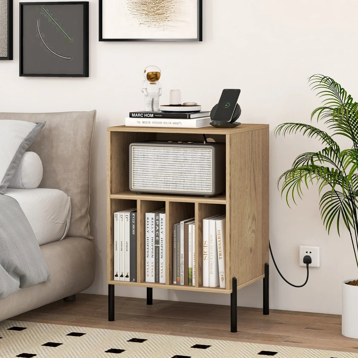Record Player Stand with Charging Station and 5 Storage Compartments-Brown