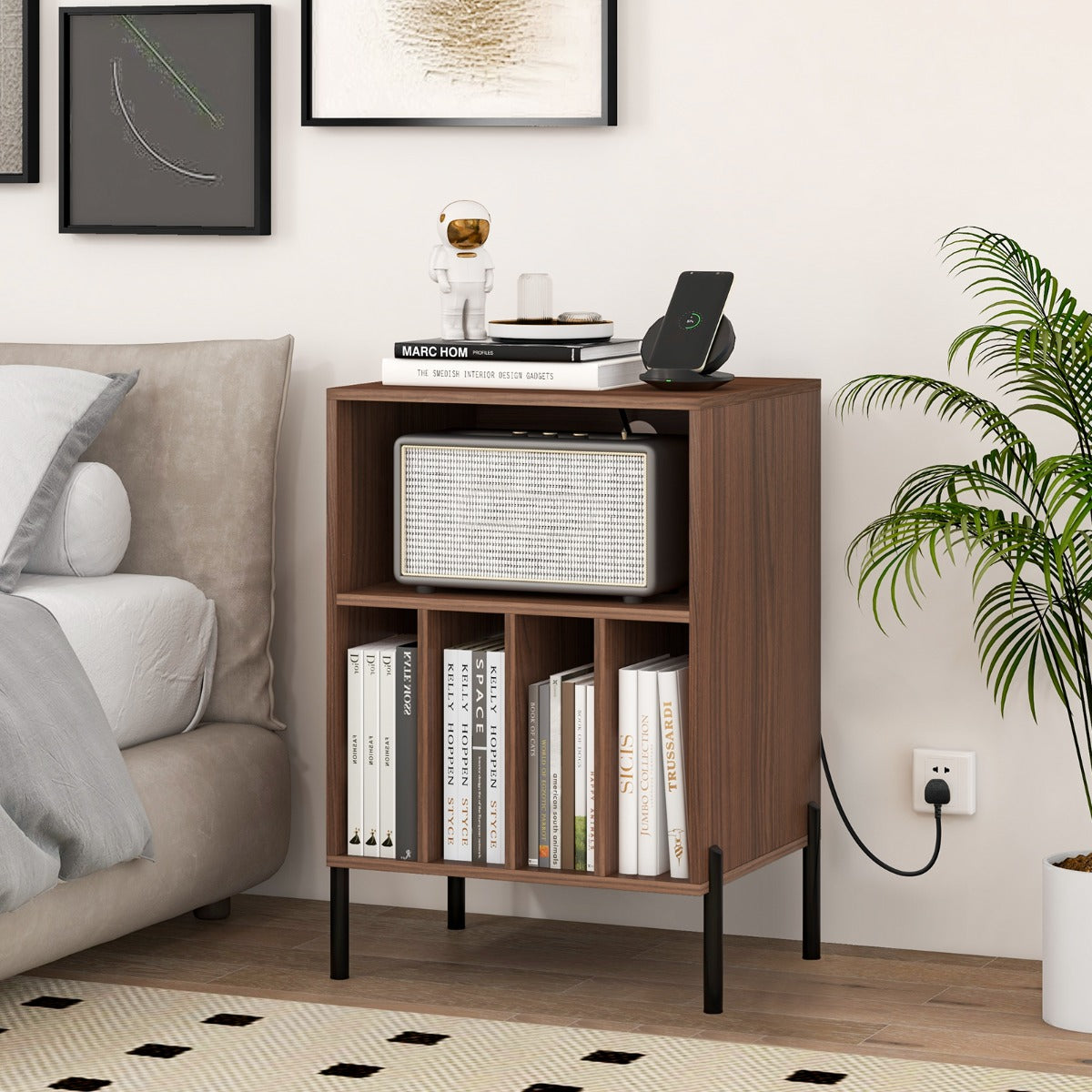 Record Player Stand with Charging Station and 5 Storage Compartments-Brown