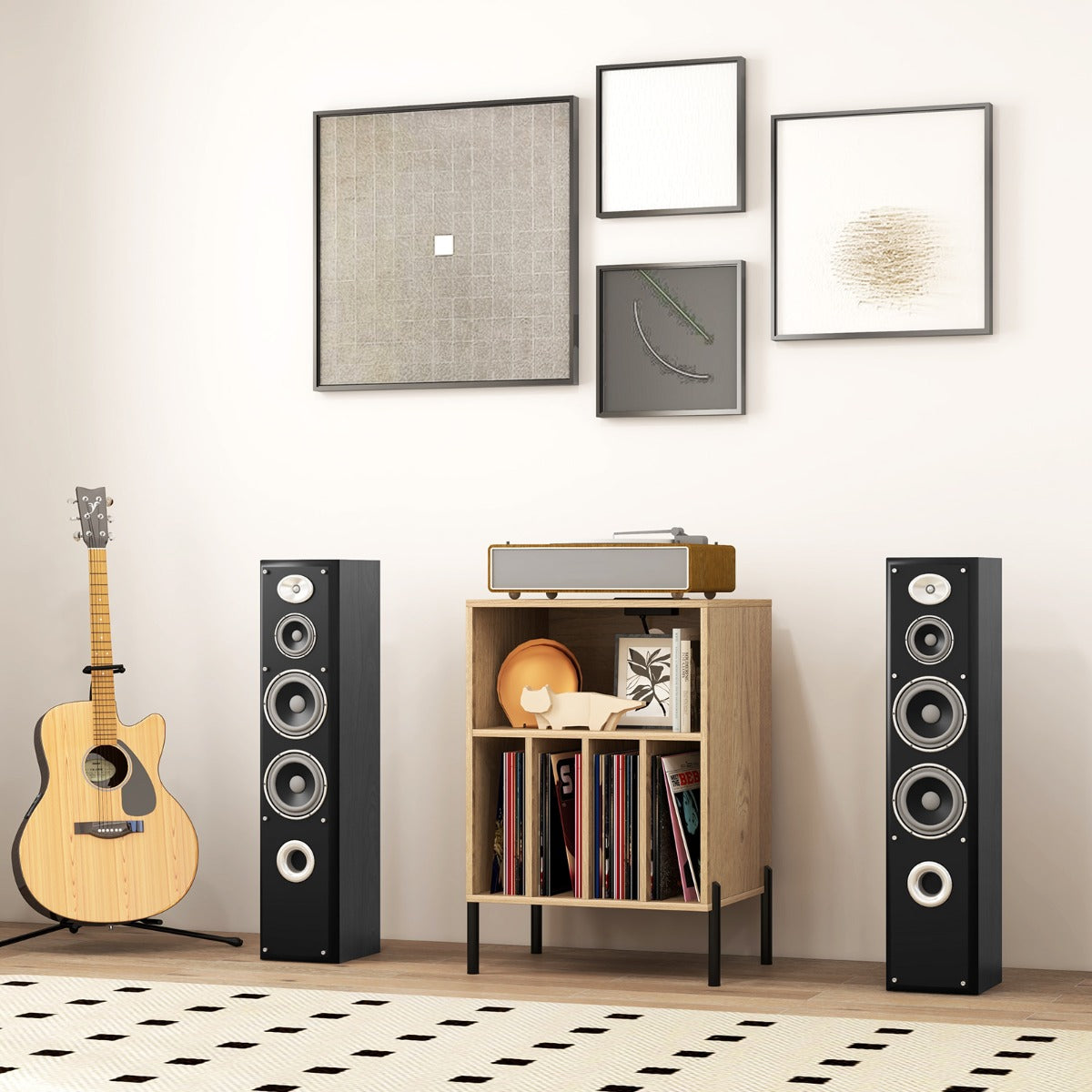 Record Player Stand with Charging Station and 5 Storage Compartments-Brown