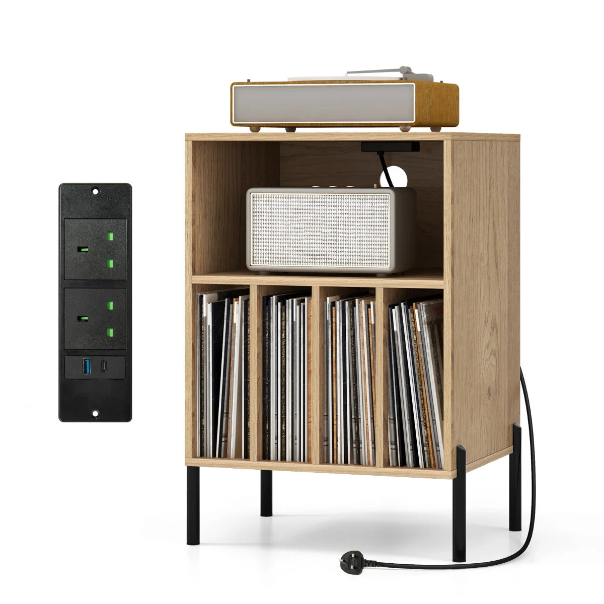 Record Player Stand with Charging Station and 5 Storage Compartments-Brown