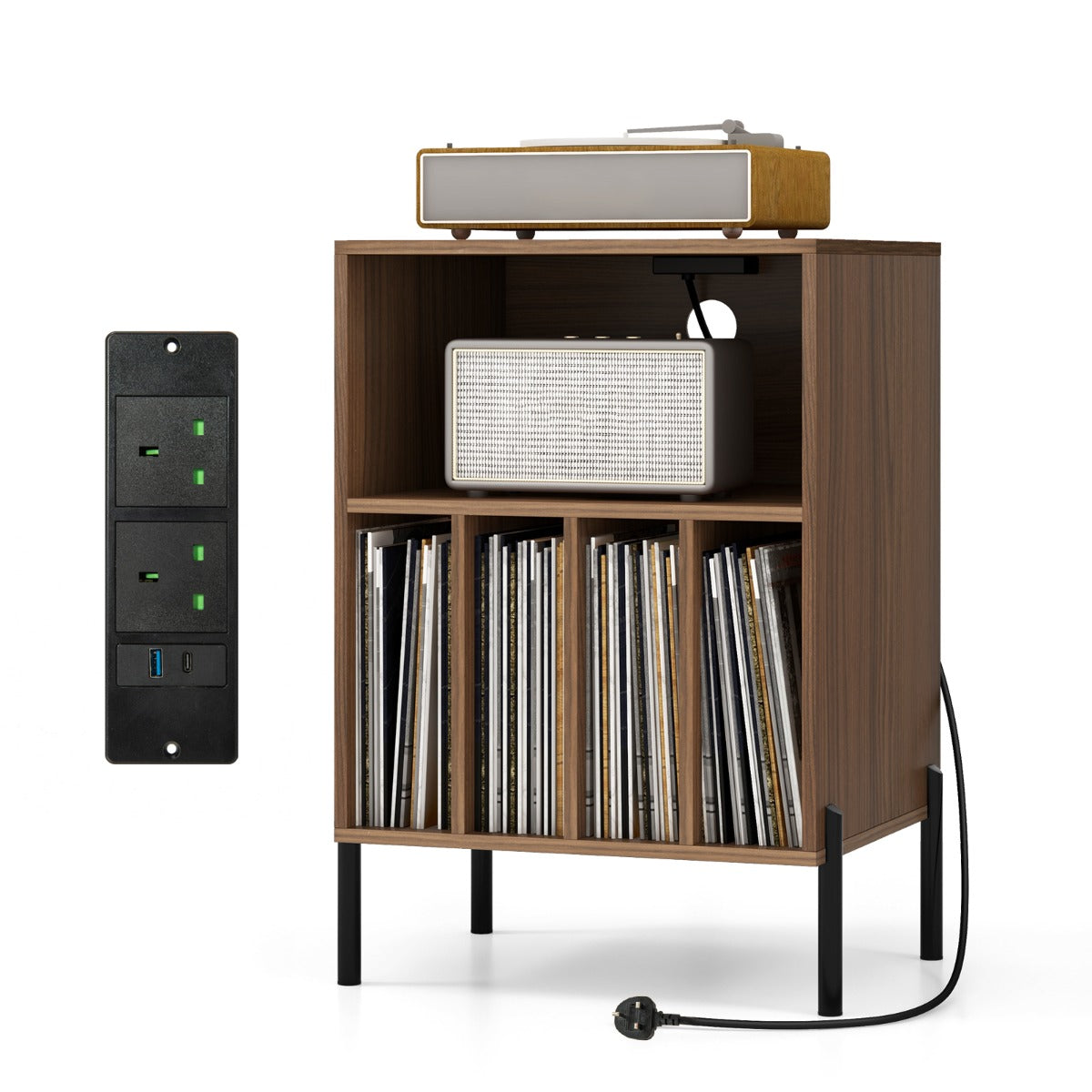 Record Player Stand with Charging Station and 5 Storage Compartments-Brown