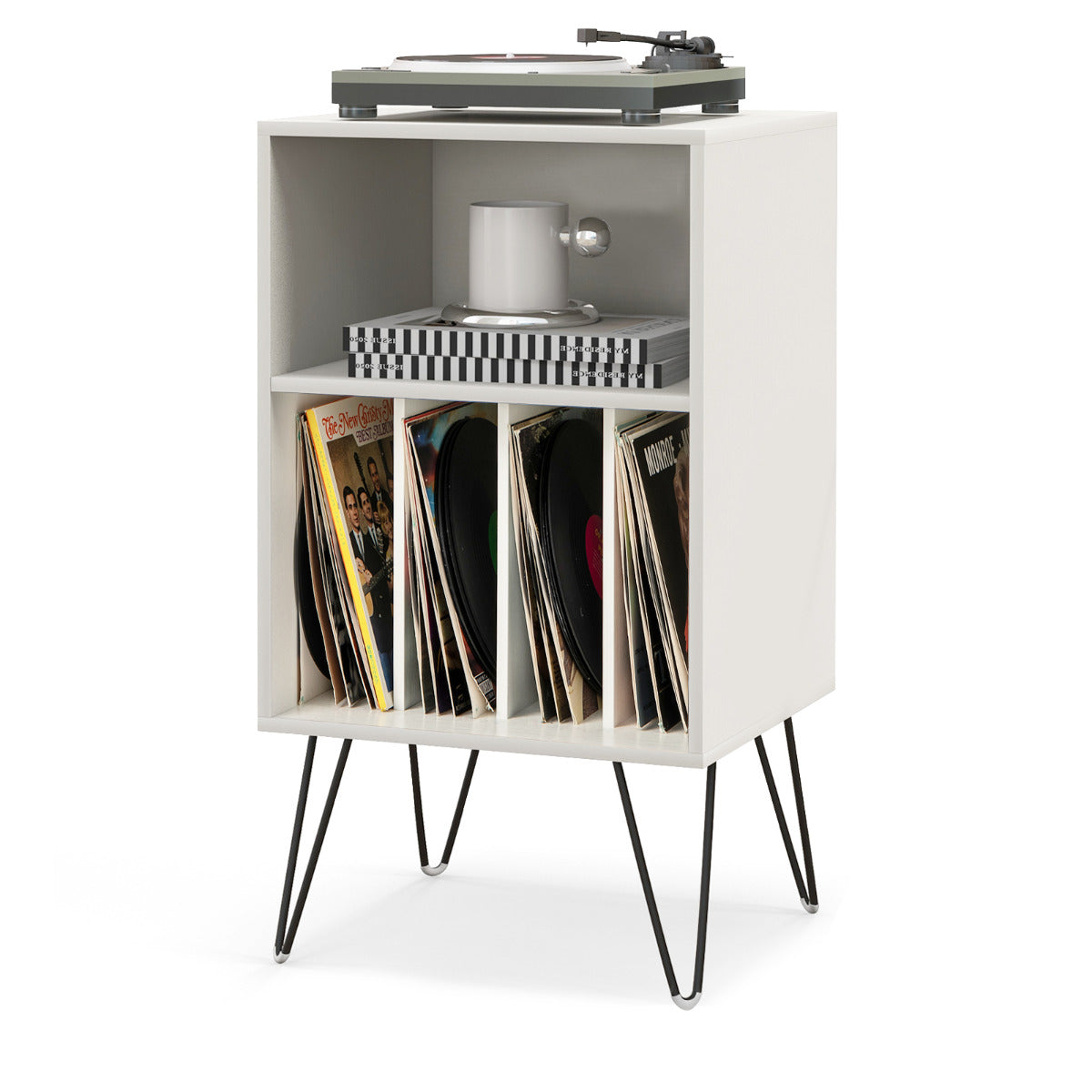 Record Player Stand 3-Tier Turntable Stand with Charging Station Vinyl Record Storage Table-Black