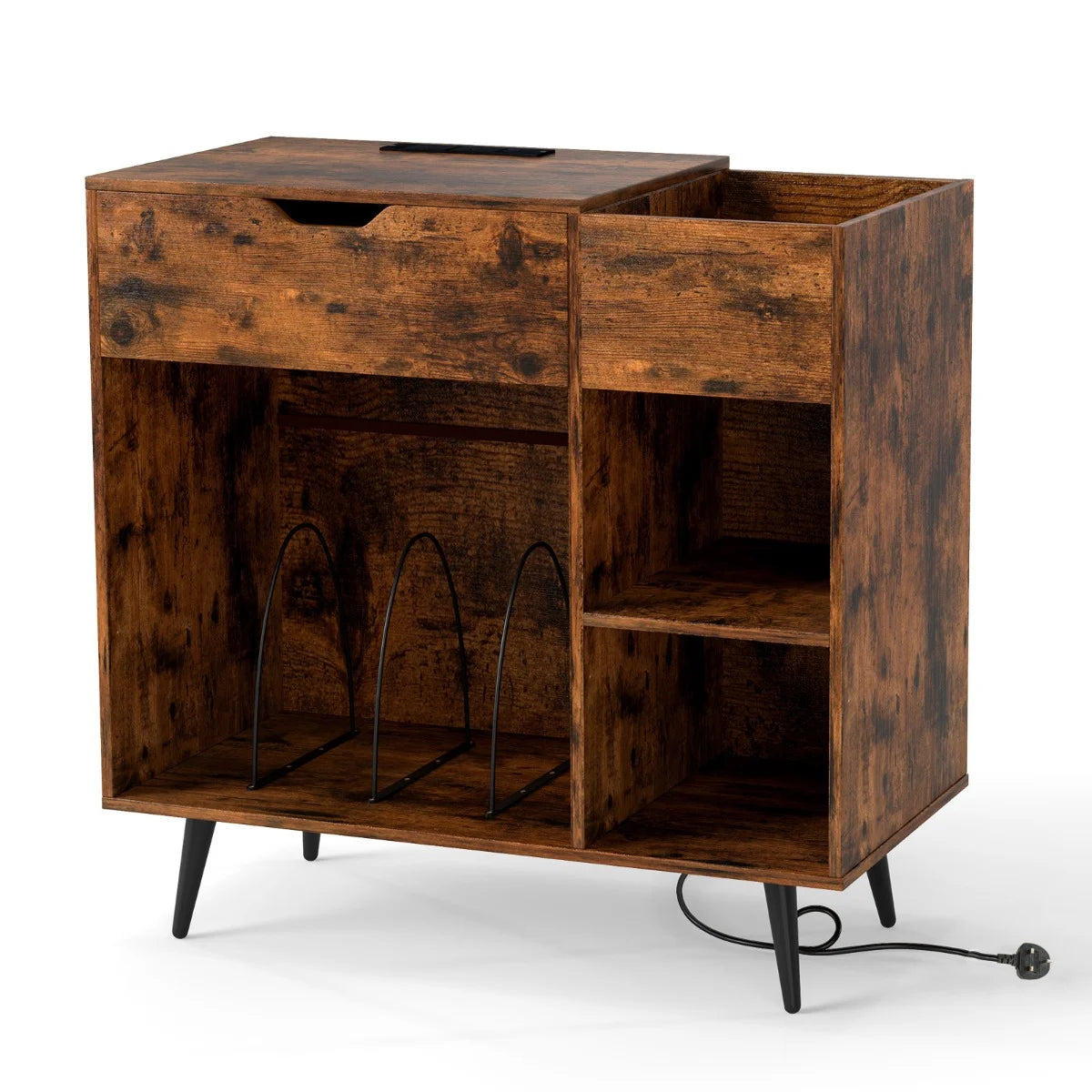Record Player Stand with Built-In Power Strip and 3 Dividers-Rustic Brown