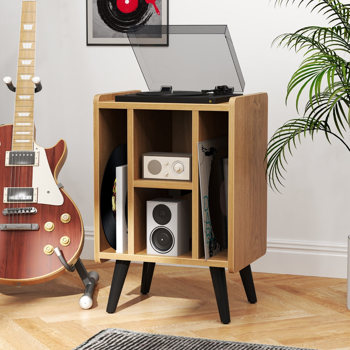 Record Player Stand with 4 Open Shelves Power Outlet USB Charging Port-Brown