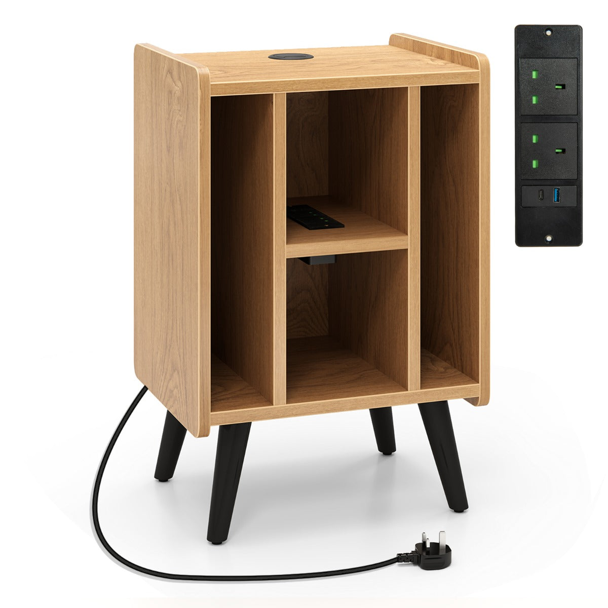 Record Player Stand with 4 Open Shelves Power Outlet USB Charging Port-Brown