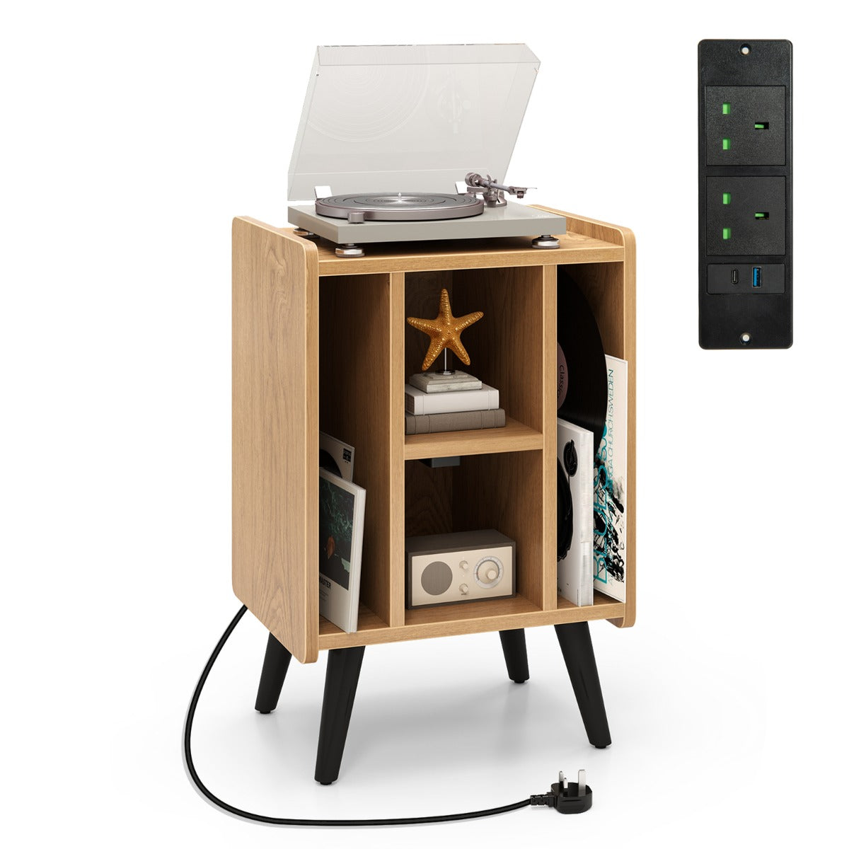 Record Player Stand with 4 Open Shelves Power Outlet USB Charging Port-Brown