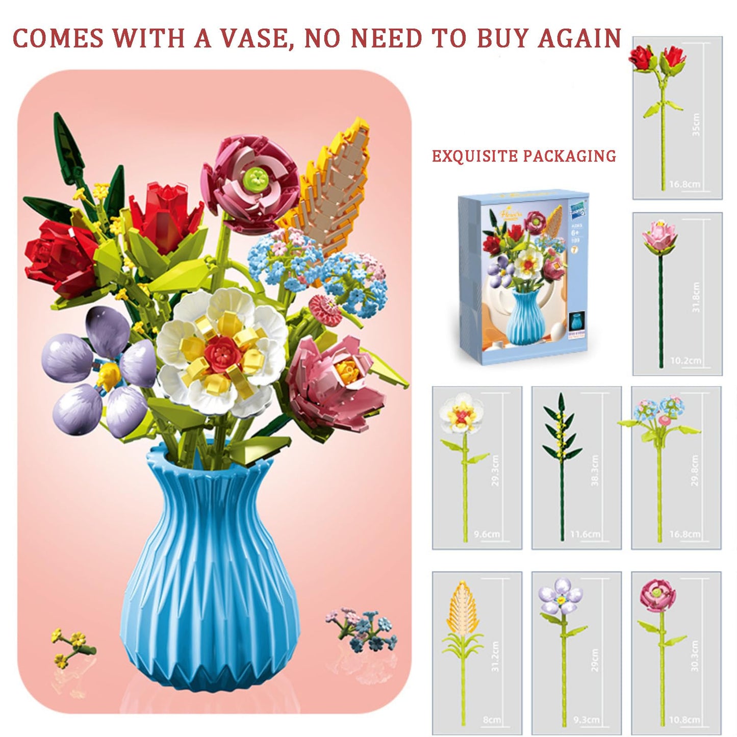 RECROQUO Flowers Bouquet Building Set with Vase – Lego-Compatible, 691 PCS