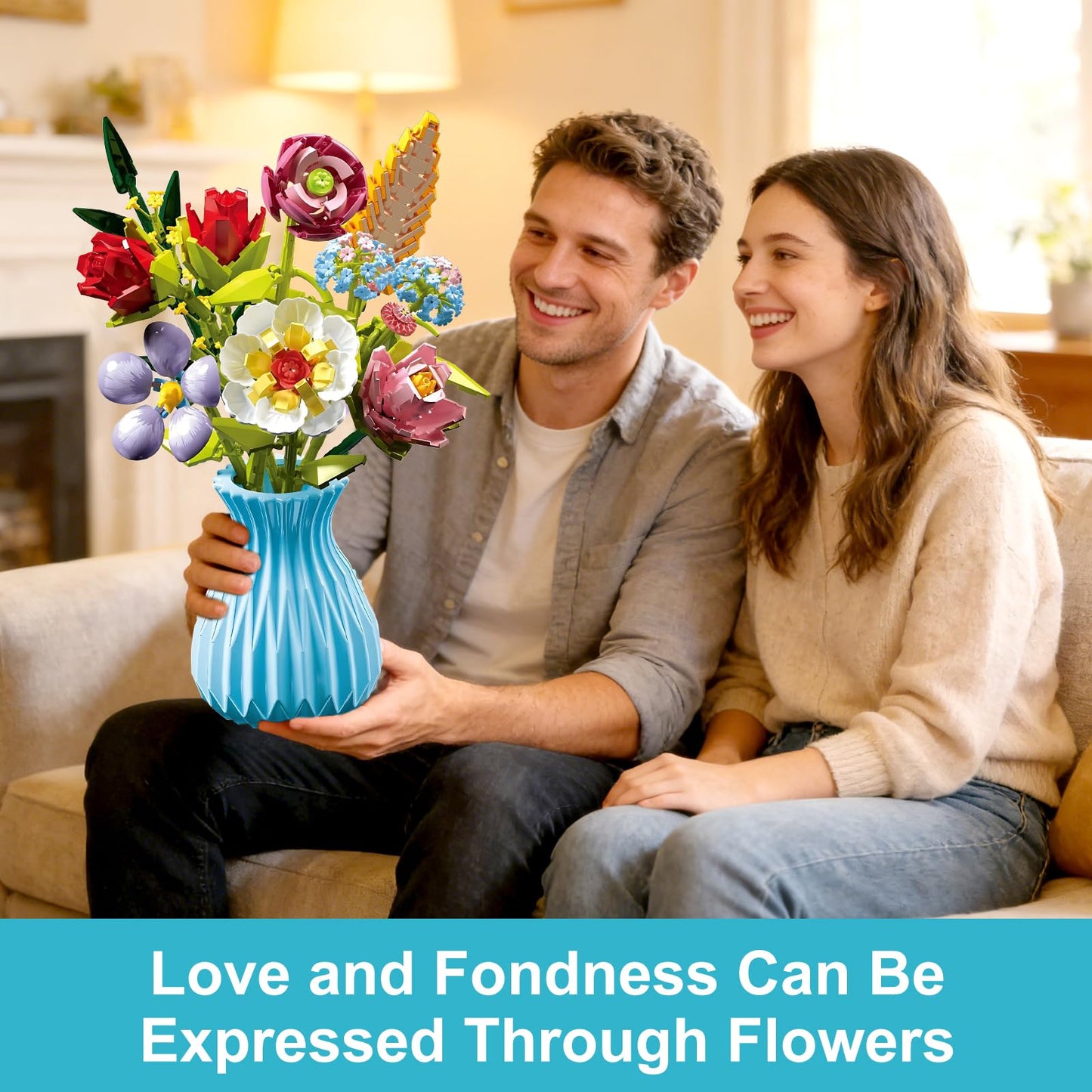 RECROQUO Flowers Bouquet Building Set with Vase – Lego-Compatible, 691 PCS