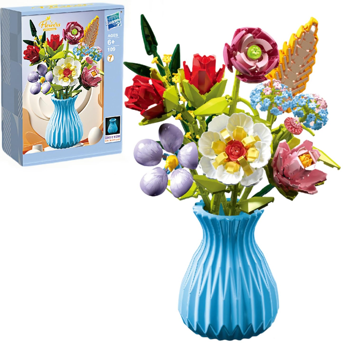 RECROQUO Flowers Bouquet Building Set with Vase – Lego-Compatible, 691 PCS