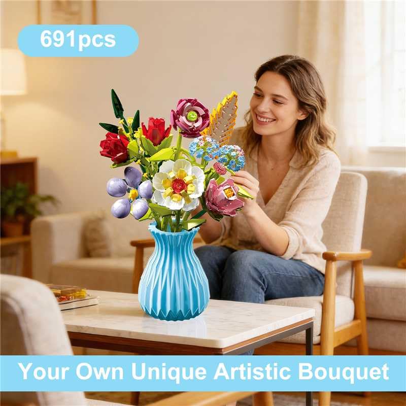 RECROQUO Flowers Bouquet Building Set with Vase – Lego-Compatible, 691 PCS