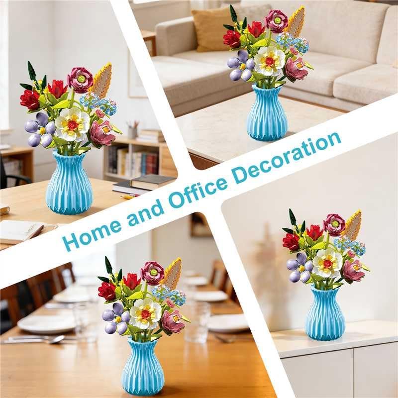 RECROQUO Flowers Bouquet Building Set with Vase – Lego-Compatible, 691 PCS