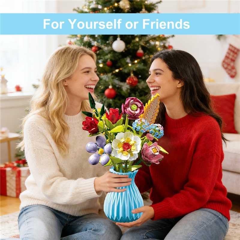 RECROQUO Flowers Bouquet Building Set with Vase – Lego-Compatible, 691 PCS