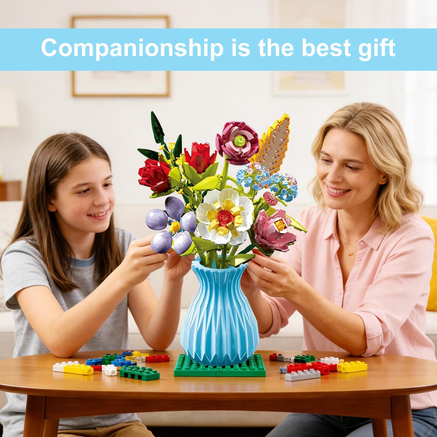 RECROQUO Flowers Bouquet Building Set with Vase – Lego-Compatible, 691 PCS