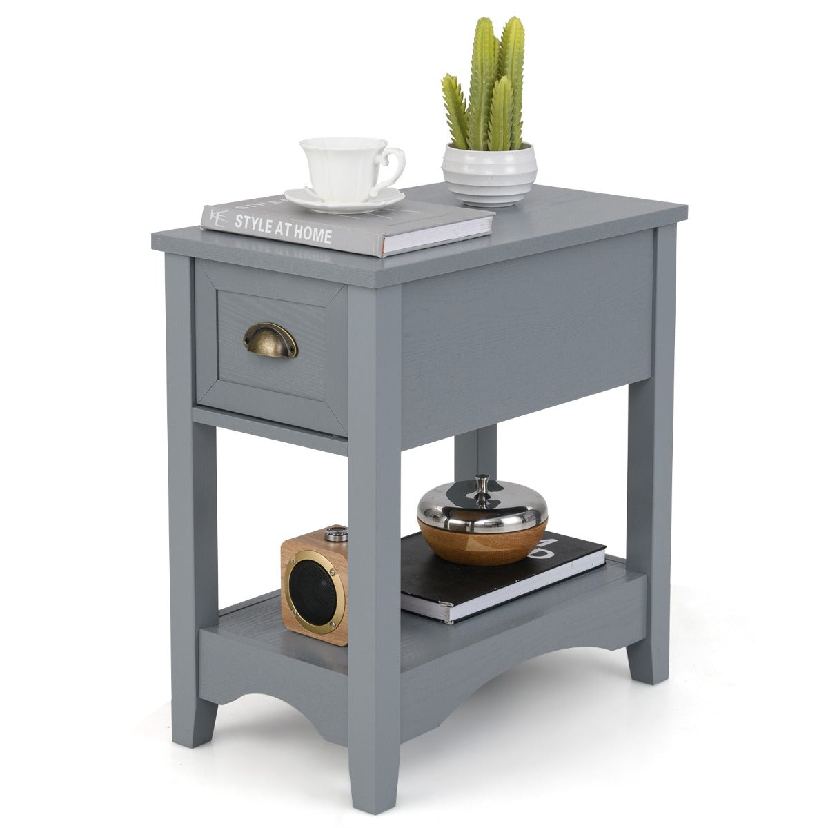 Rectangular Nightstand with 1 Drawer 1 Storing Shelf and 4 Solid Rubber wood Legs-Black