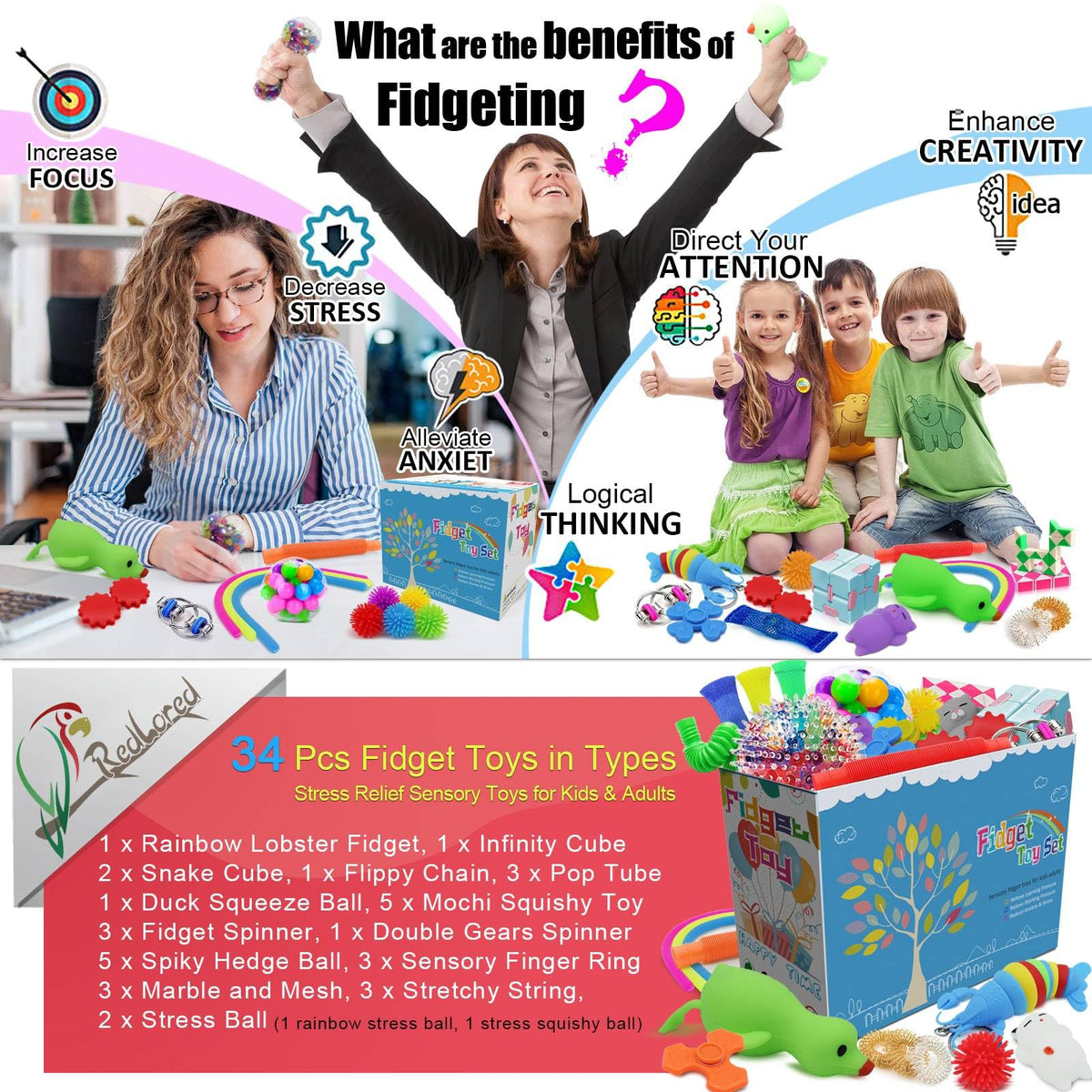 RedLored 34-Piece Fidget Toys Bundle – Stress Relief & Sensory Play for All Ages