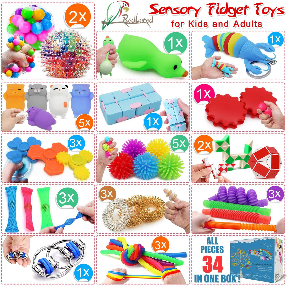 RedLored 34-Piece Fidget Toys Bundle – Stress Relief & Sensory Play for All Ages