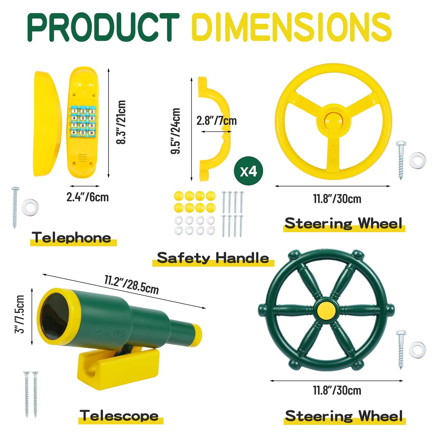 RedSwing Playground Accessories for Kids – 2 Pirate Ship Wheels, Toy Telescope, Telephone & Safety Handles (Yellow & Green)