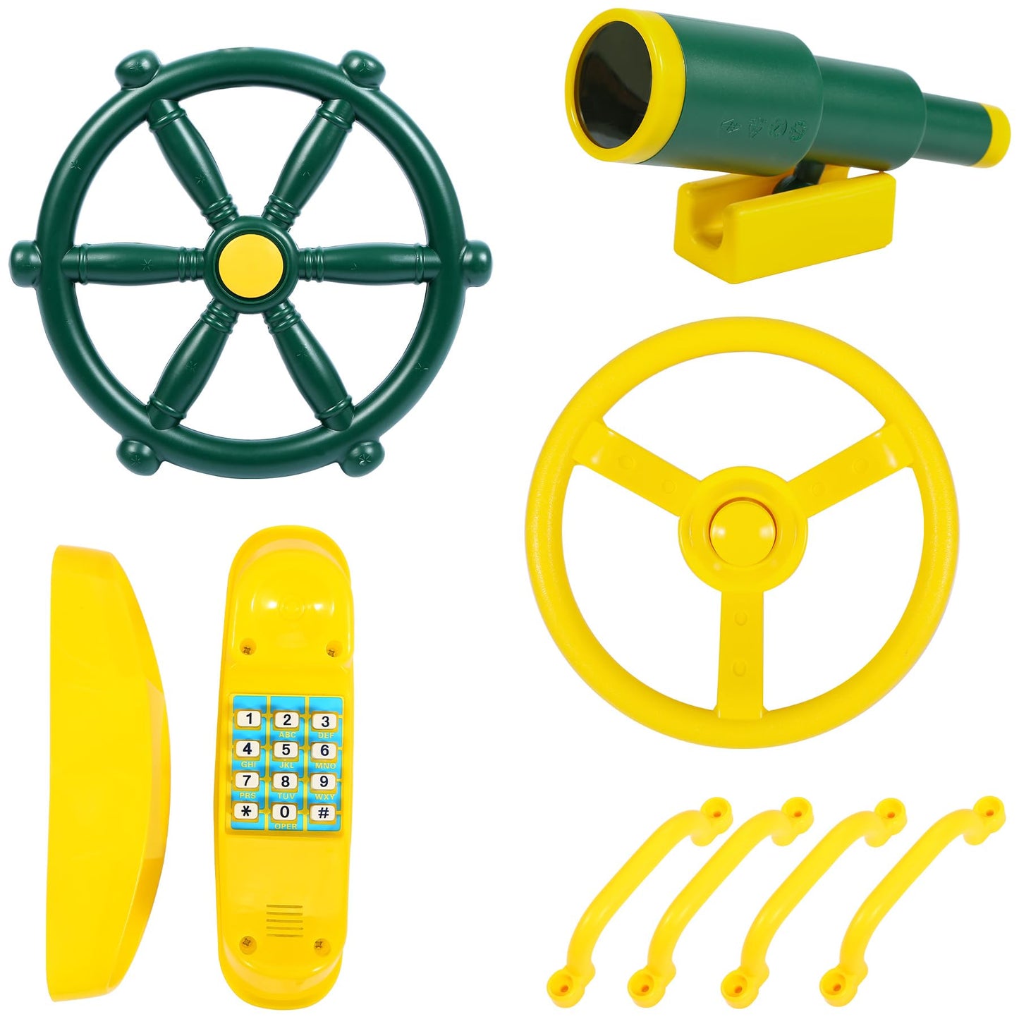 RedSwing Playground Accessories for Kids – 2 Pirate Ship Wheels, Toy Telescope, Telephone & Safety Handles (Yellow & Green)