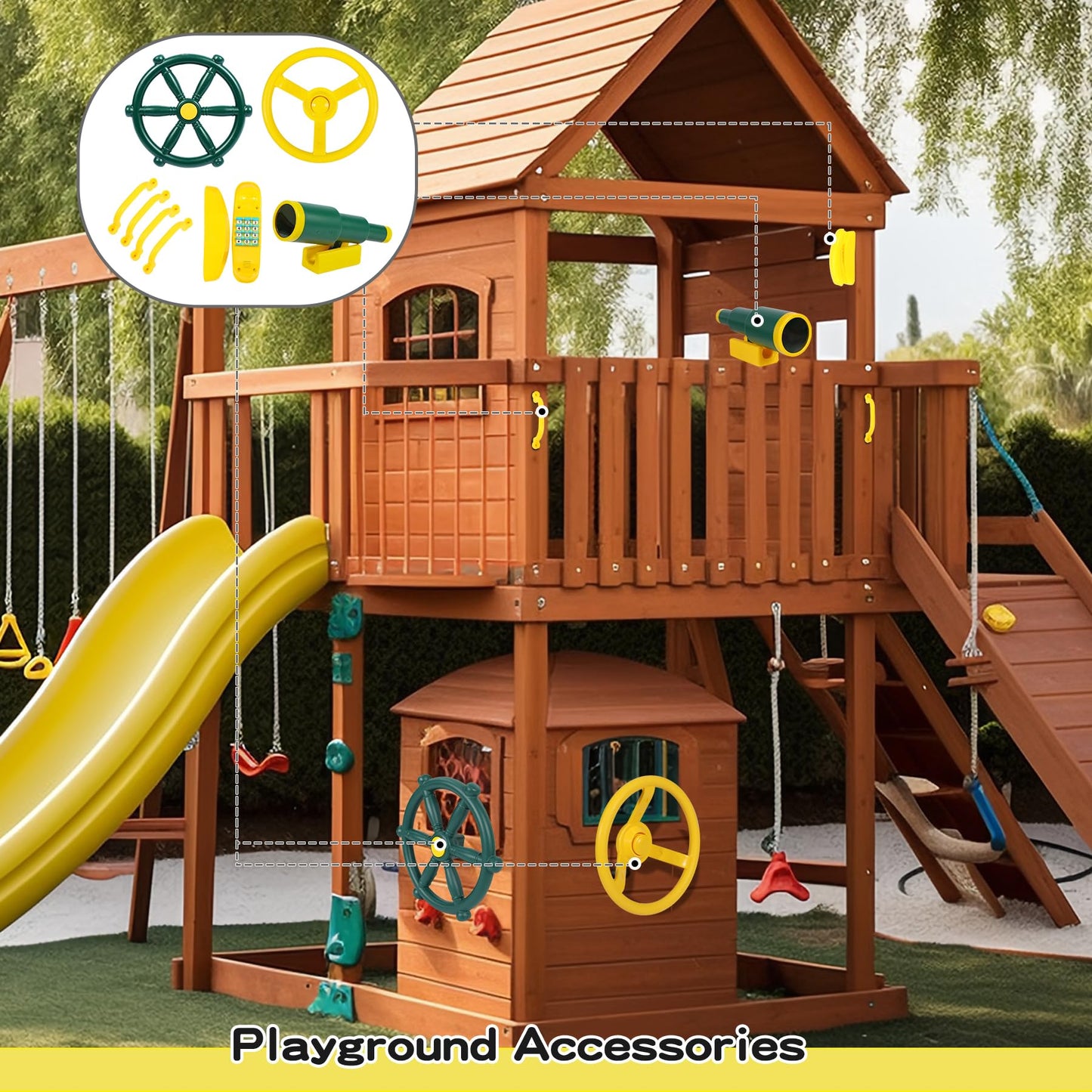 RedSwing Playground Accessories for Kids – 2 Pirate Ship Wheels, Toy Telescope, Telephone & Safety Handles (Yellow & Green)