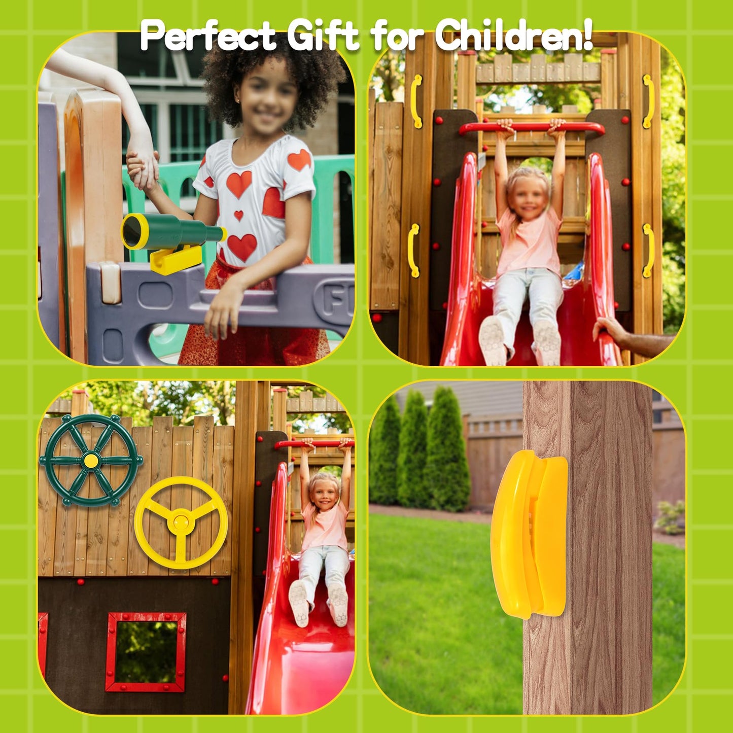 RedSwing Playground Accessories for Kids – 2 Pirate Ship Wheels, Toy Telescope, Telephone & Safety Handles (Yellow & Green)