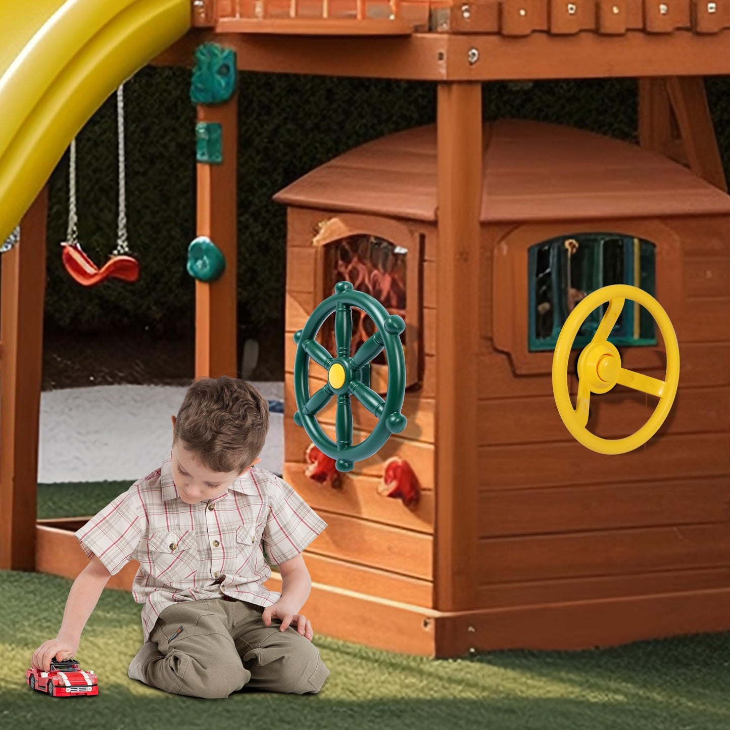 RedSwing Playground Accessories for Kids – 2 Pirate Ship Wheels, Toy Telescope, Telephone & Safety Handles (Yellow & Green)