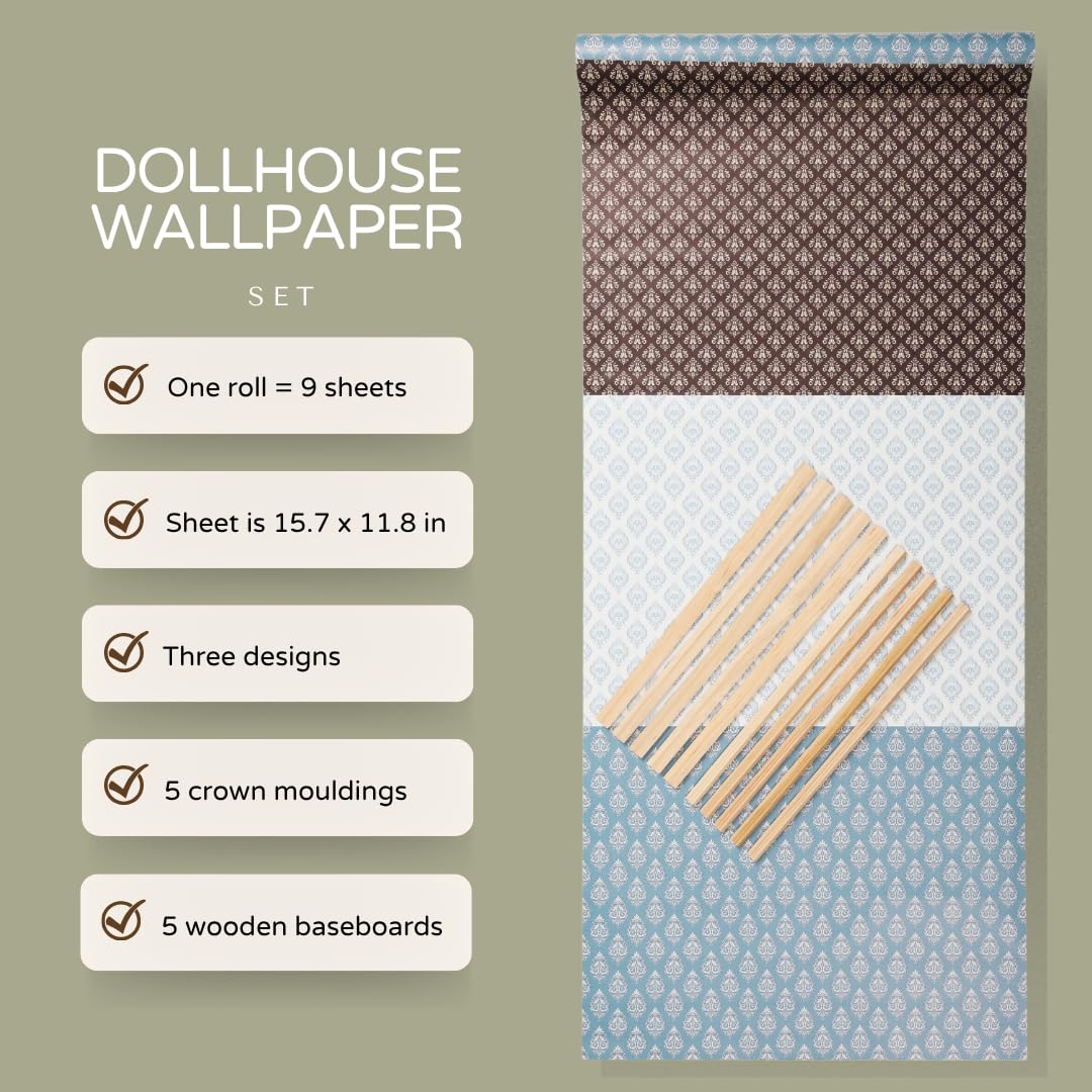 REDUCIO! Dollhouse Peel-and-Stick Wallpaper 1:12 Scale with Skirting Boards & Cornices
