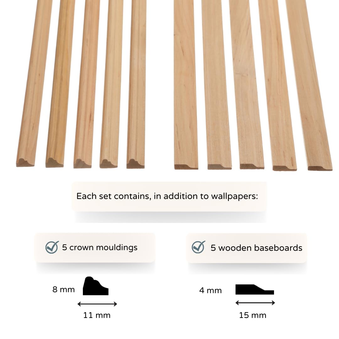 REDUCIO! Dollhouse Peel-and-Stick Wallpaper 1:12 Scale with Skirting Boards & Cornices