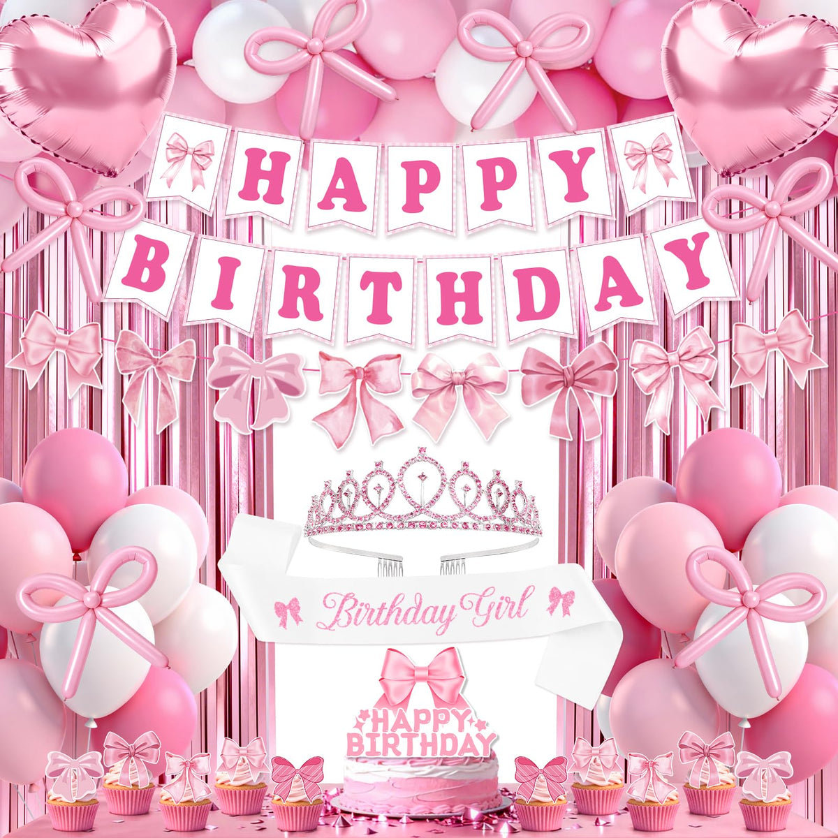 REDWORD Pink Bow Birthday Decorations 73Pcs – Sash, Tiara, Banner, Balloons, Fringe Curtains