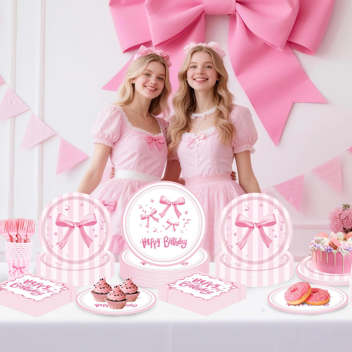 REDWORD Pink Bow Birthday Decorations – 120Pcs Tableware Set for Pink Birthday Girls, Serves 24
