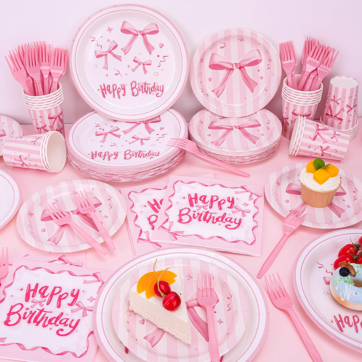 REDWORD Pink Bow Birthday Decorations – 120Pcs Tableware Set for Pink Birthday Girls, Serves 24
