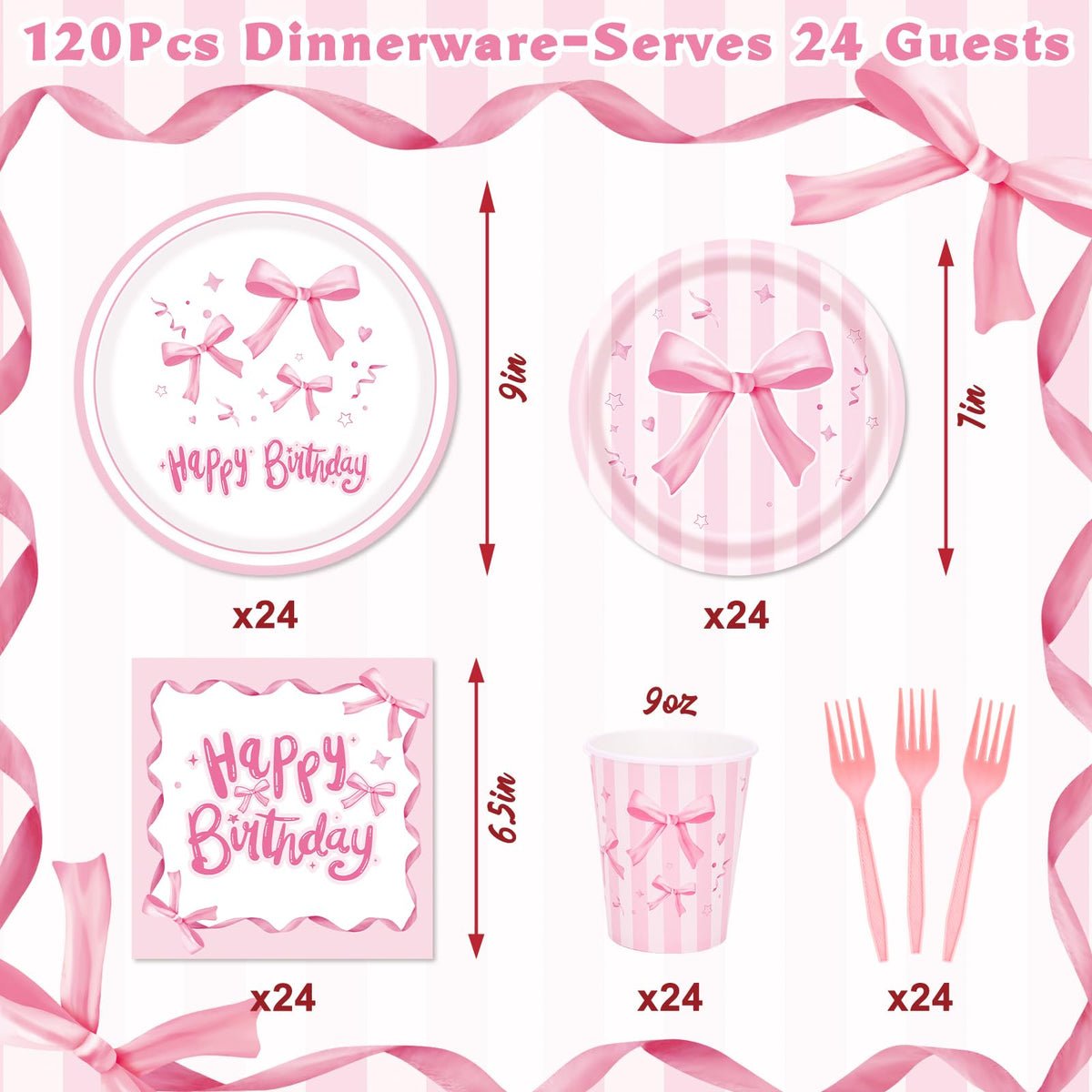 REDWORD Pink Bow Birthday Decorations – 120Pcs Tableware Set for Pink Birthday Girls, Serves 24