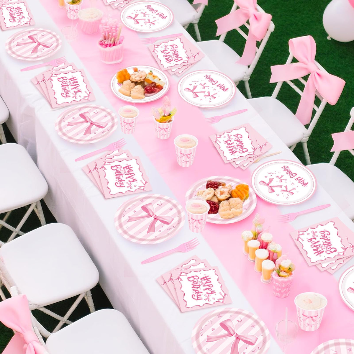REDWORD Pink Bow Birthday Decorations – 120Pcs Tableware Set for Pink Birthday Girls, Serves 24