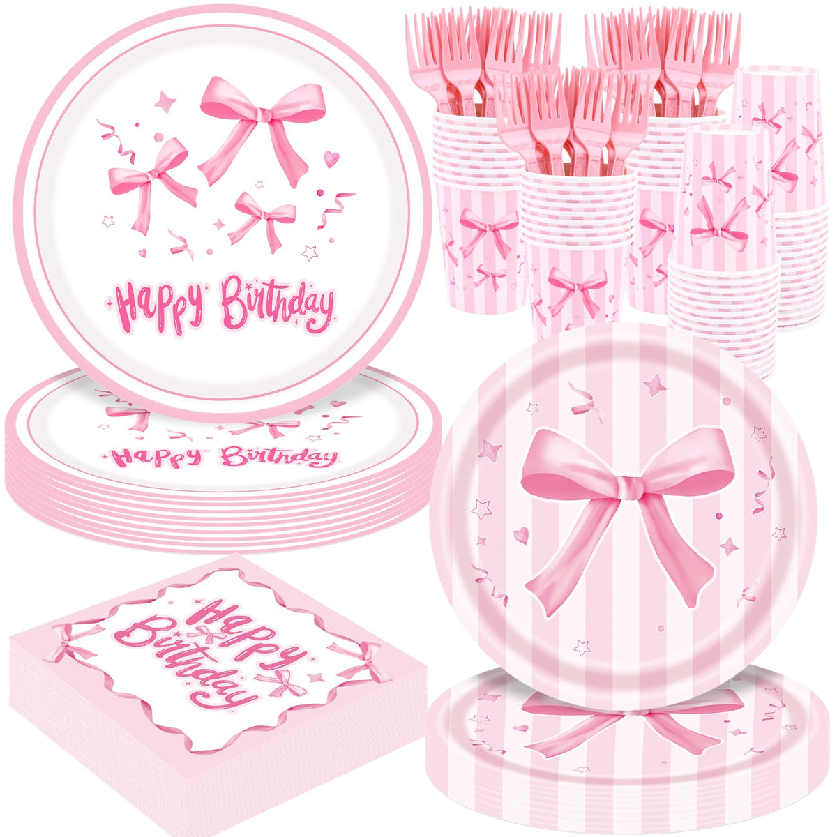 REDWORD Pink Bow Birthday Decorations – 120Pcs Tableware Set for Pink Birthday Girls, Serves 24