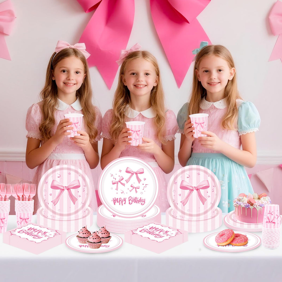 REDWORD Pink Bow Birthday Decorations – 120Pcs Tableware Set for Pink Birthday Girls, Serves 24