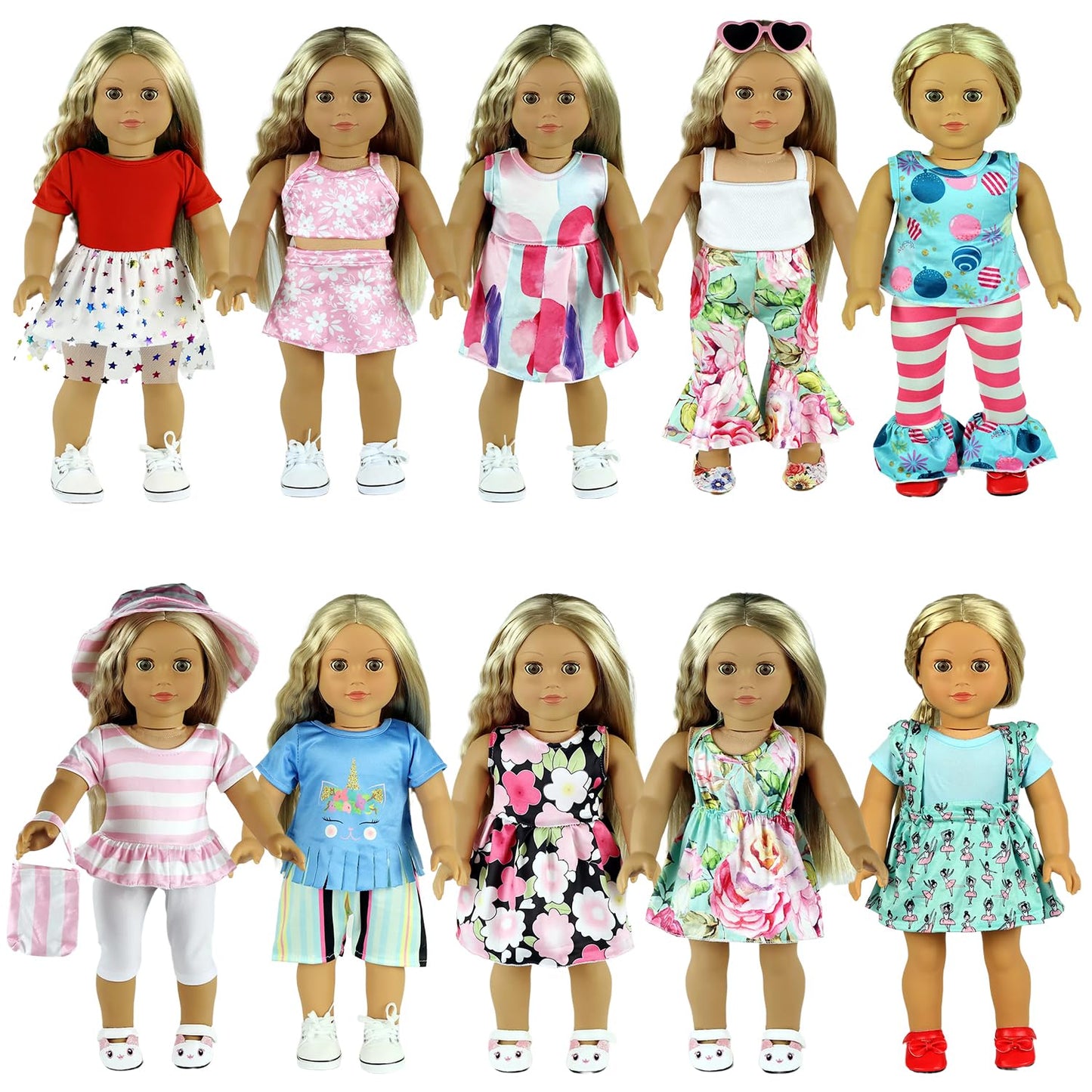 ReeRaa 20-Piece 18-Inch Doll Clothes & Accessories — 10 Complete Sets Included