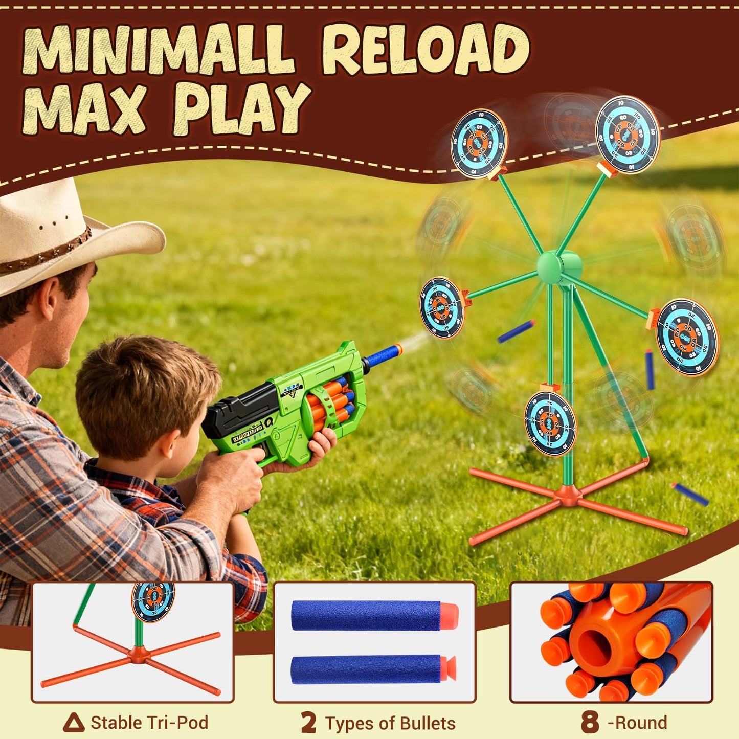 ReechTree Shooting Target Games Set for Nerf Guns – Spinning Auto-Reset Target, 8-RD Drum Blaster (RD-8) – Fun Gift for Kids