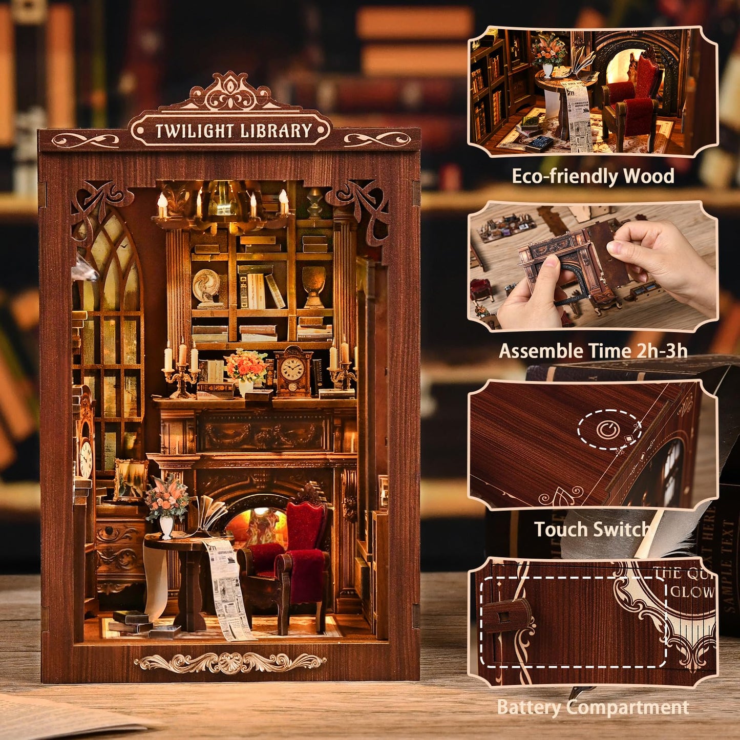 Reenovan Twilight Library Book Nook Kit – DIY Miniature with LED for Cozy Shelf Decor