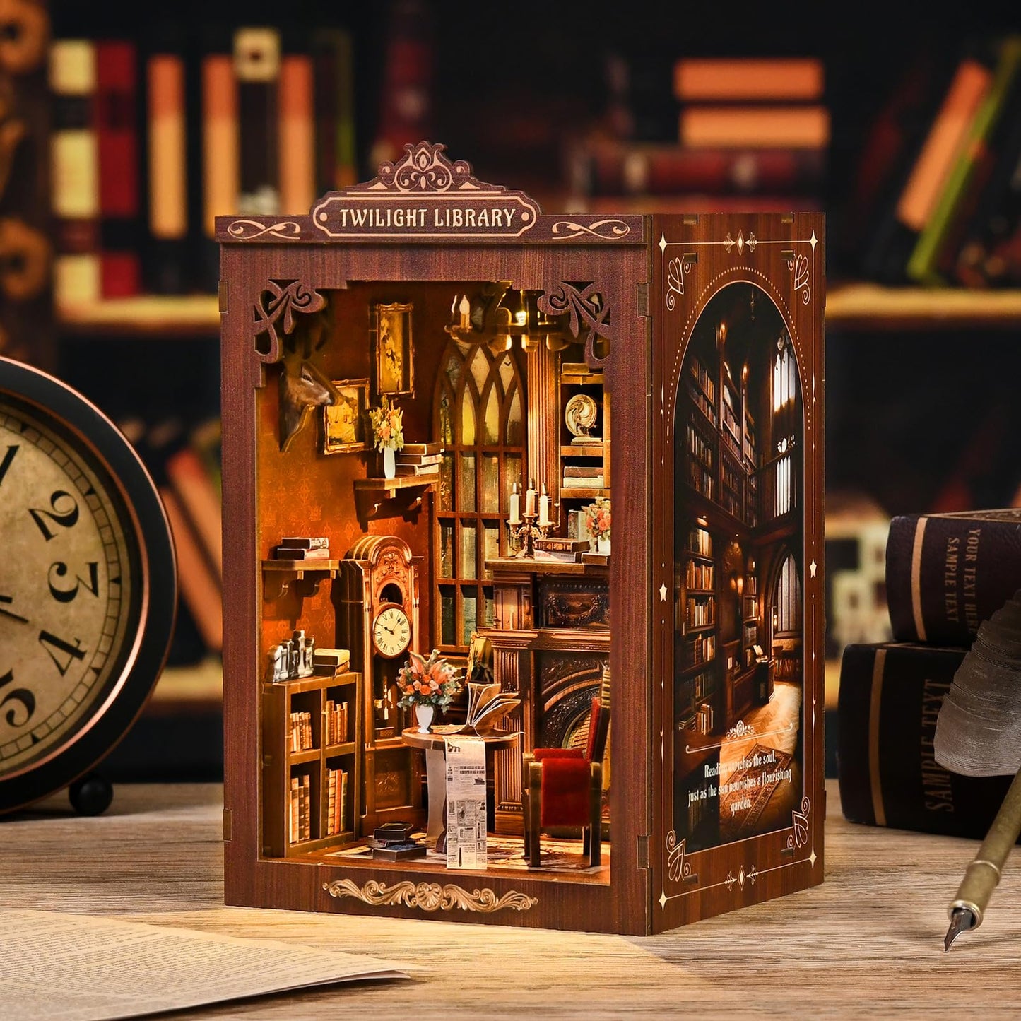 Reenovan Twilight Library Book Nook Kit – DIY Miniature with LED for Cozy Shelf Decor