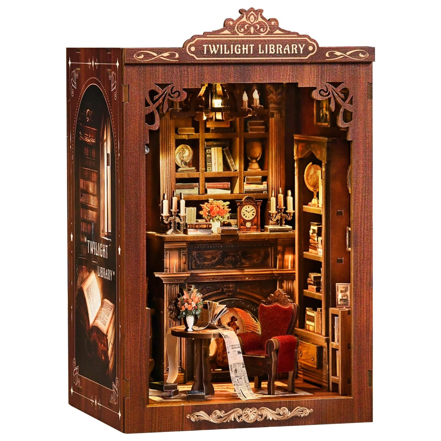 Reenovan Twilight Library Book Nook Kit – DIY Miniature with LED for Cozy Shelf Decor