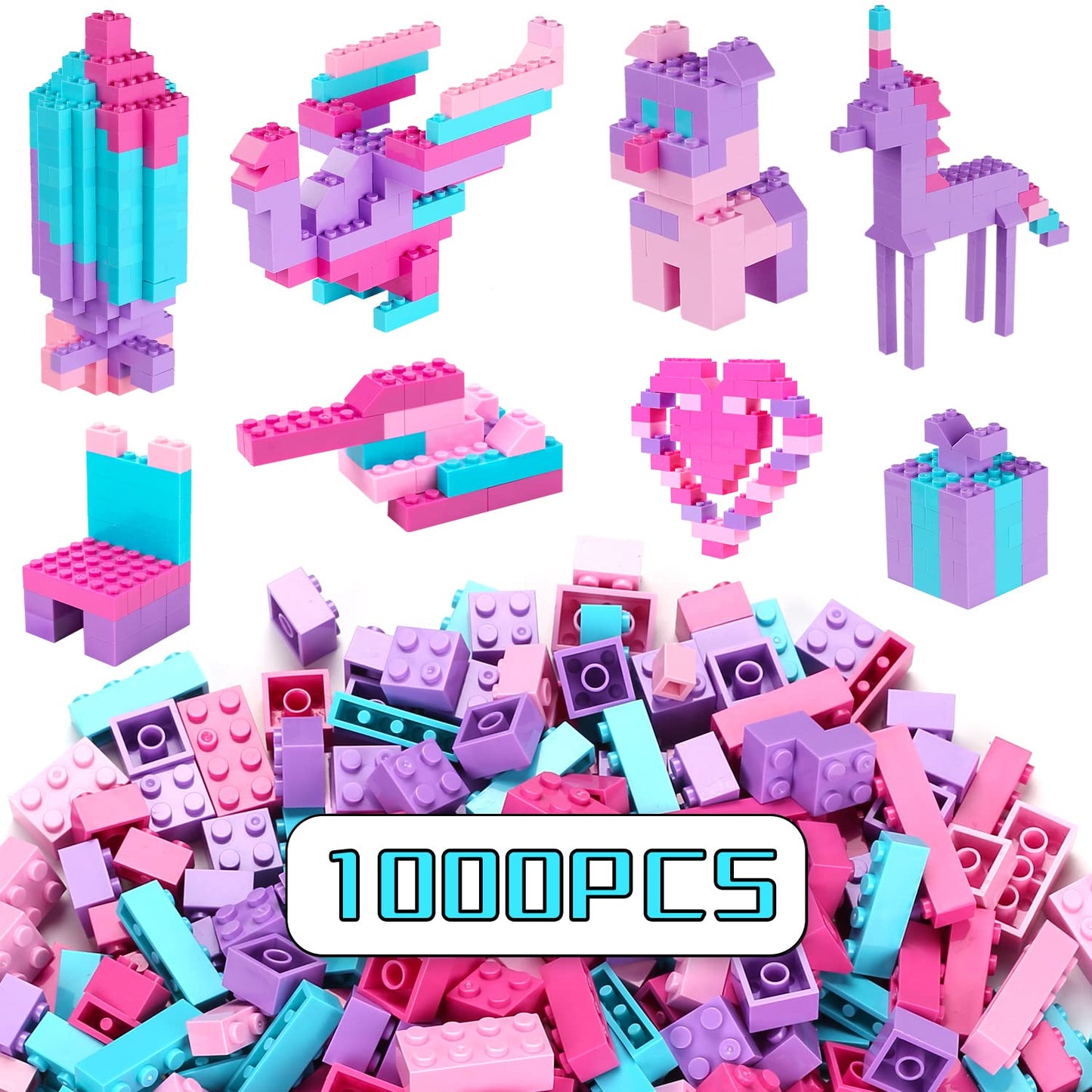 Reenwee Building Bricks Set 1000 Pcs - Pink-Purple, Compatible with All Major Brands